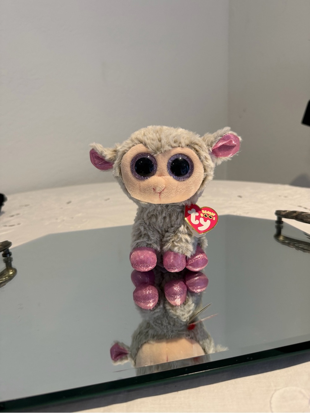 TY Dixie Plush Lamb with Sparkly Purple Eyes and Pink Accents
